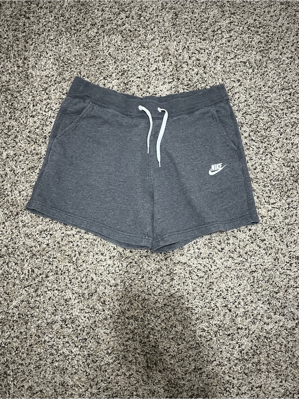 Nike Women's Dark Charcoal Gray Athletic Drawstring Shorts with White Logo